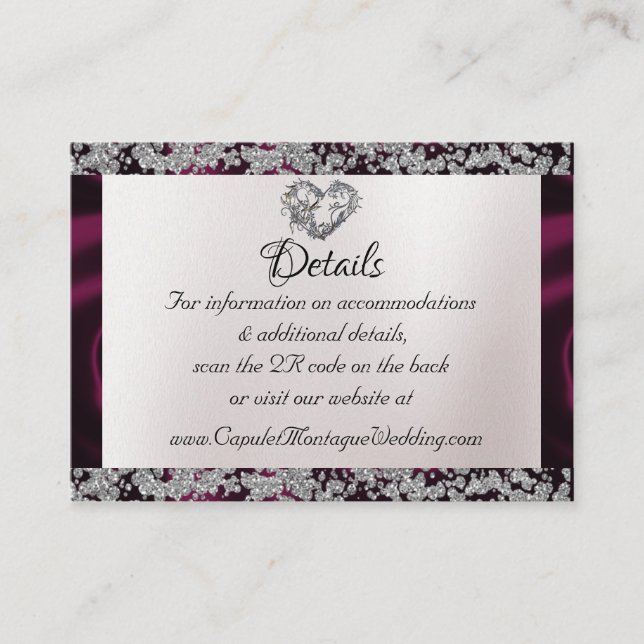 Elegant Pearl, Purple Ribbon & Sparkle QR Code Enclosure Card (Front)