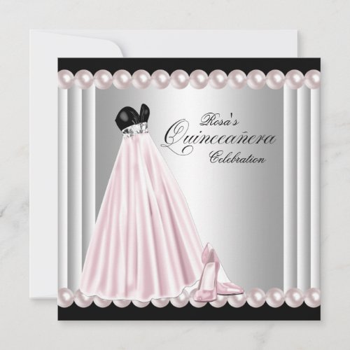 Elegant Pearl Silver Pink Quinceanera Invitation