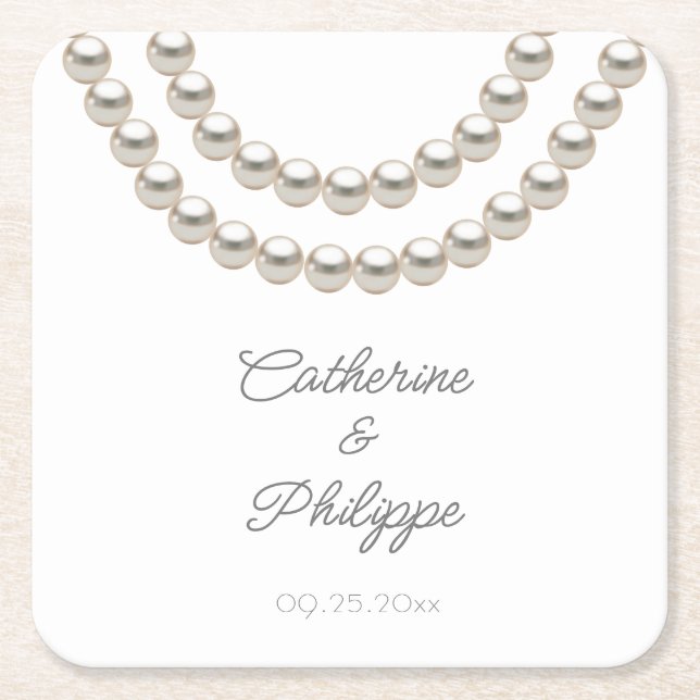 Elegant Pearl Wedding Square Paper Coaster (Front)