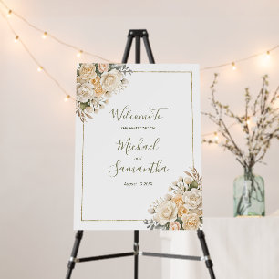 Elegant Pearl White and Ivory Rose Wedding Sign
