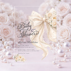 Elegant Pearl White Bow Floral Baby Shower Acrylic Invitations