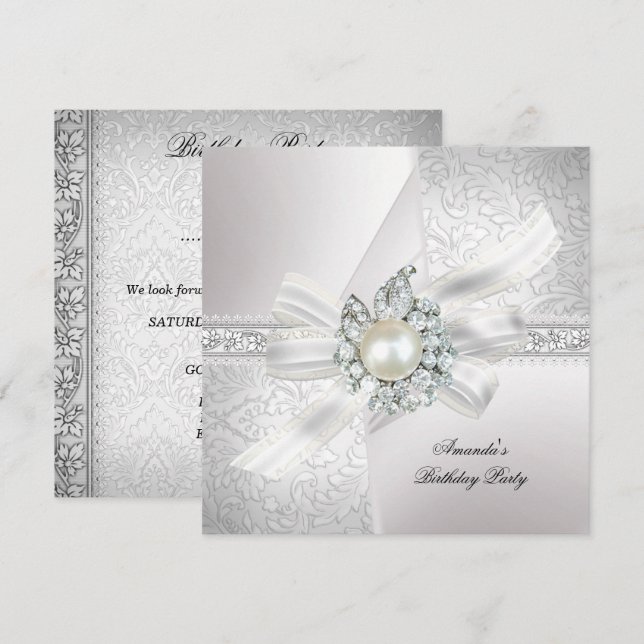 Elegant Pearl White Silver Birthday Party Invitation (Front/Back)