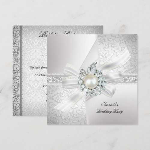 Elegant Pearl White Silver Birthday Party Invites
