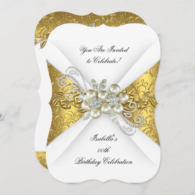 Elegant Pearl Yellow Gold White Diamond Birthday Invitation (Front/Back)