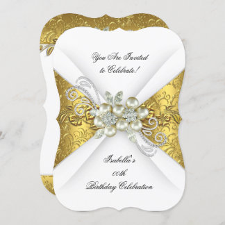Elegant Pearl Yellow Gold White Diamond Birthday Invitation