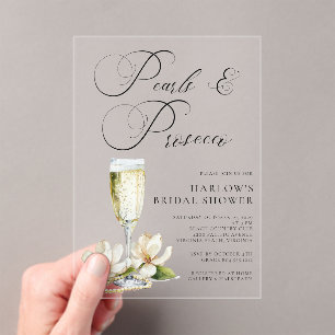 Elegant Pearls and Prosecco Bridal Shower Acrylic Invitations