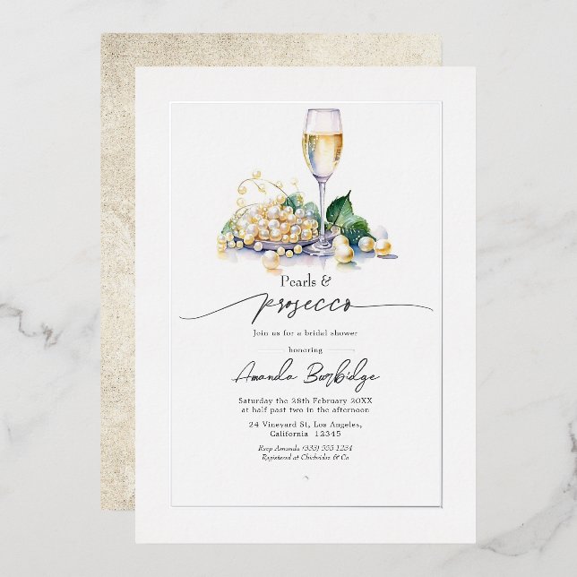 Elegant Pearls and Prosecco Bridal Shower Foil Invitation (Front/Back)