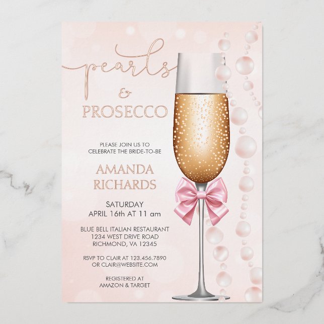 Elegant Pearls and Prosecco Bridal Shower Foil Invitation (Front)