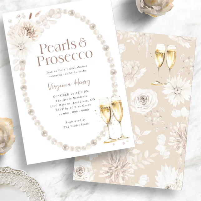 Elegant Pearls And Prosecco Bridal Shower Invitation 