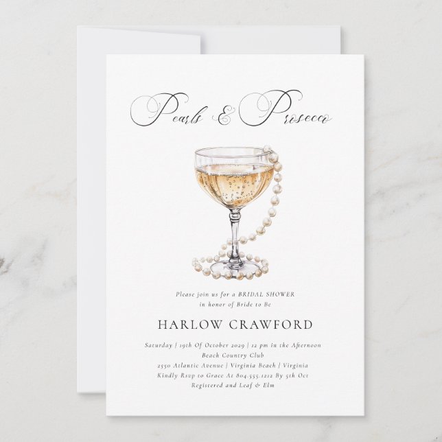 Elegant Pearls and Prosecco  Bridal Shower   Invitation (Front)