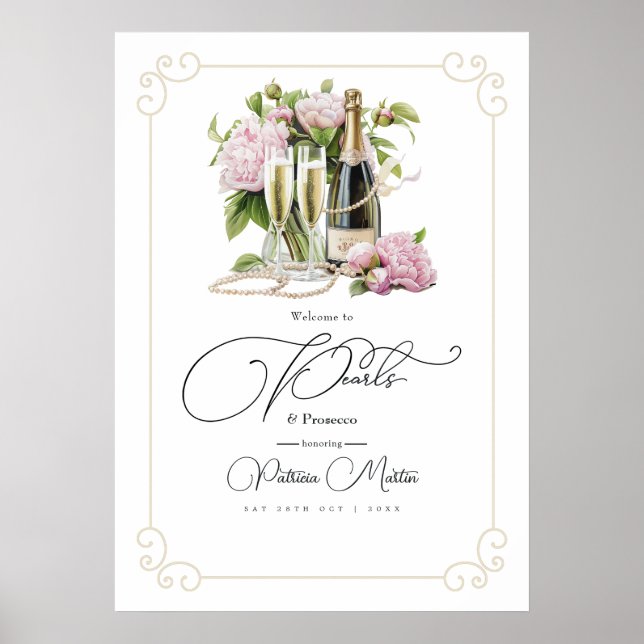 Elegant Pearls and Prosecco Bridal Shower Welcome Poster (Front)