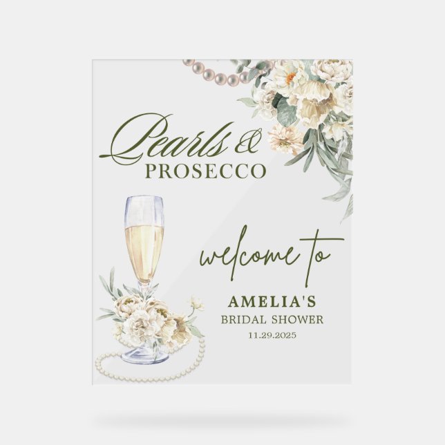 Elegant pearls and prosecco Bridal Welcome  Acrylic Sign (Front)