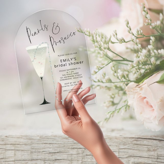 Elegant Pearls and Prosecco Flute Bridal Shower Acrylic Invitations (Creator Uploaded)