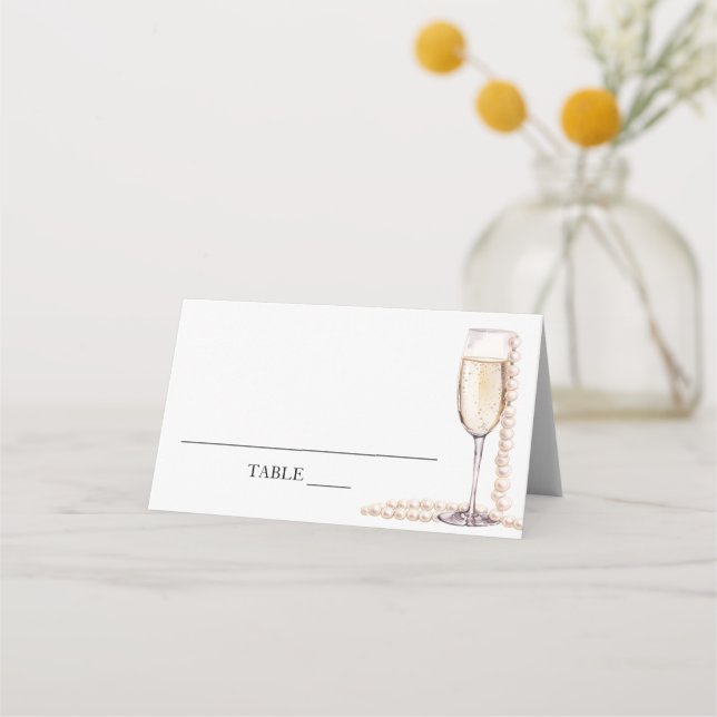 Elegant Pearls and Prosecco Folded Place Card (Front)