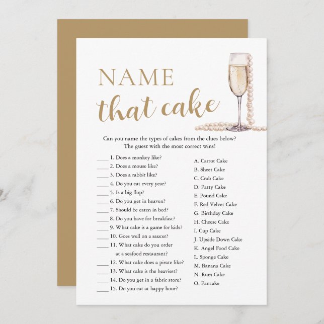 Elegant Pearls and Prosecco Name That Cake Game Invitation (Front/Back)