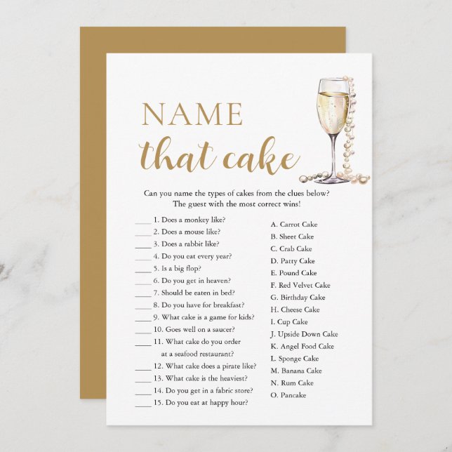 Elegant Pearls and Prosecco Name That Cake Game Invitation (Front/Back)