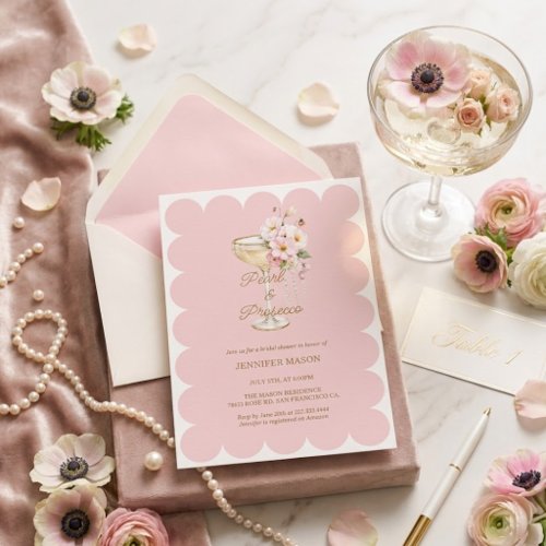 Elegant Pearls and Prosecco Pink Bridal Shower  Invitation