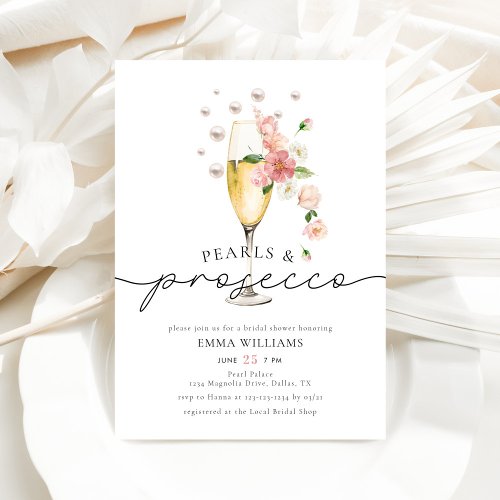 Elegant Pearls and Prosecco Pink Bridal Shower Invitation