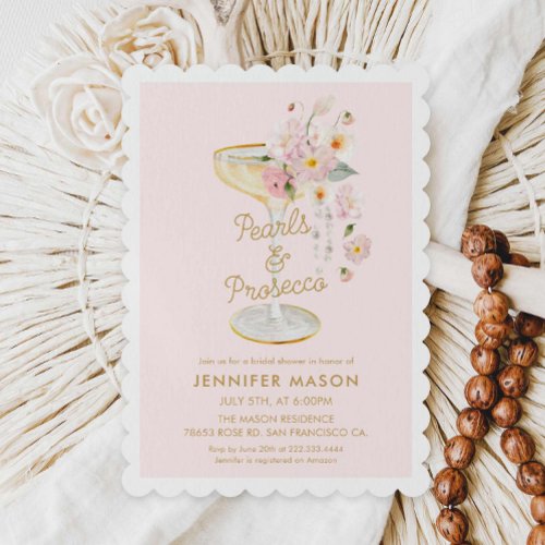 Elegant Pearls and Prosecco Pink Bridal Shower Invitation