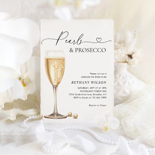 Elegant Pearls and Prosecco Script Bridal Shower Invitation
