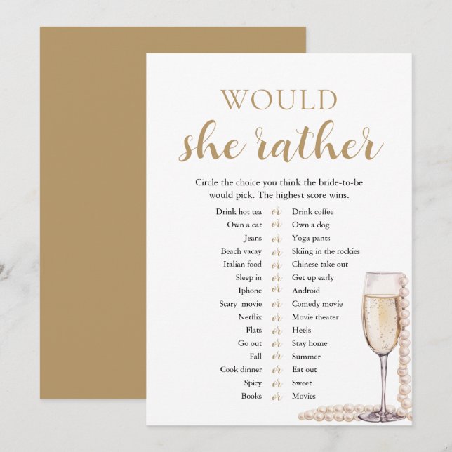 Elegant Pearls and Prosecco Would She Rather Game Invitation (Front/Back)
