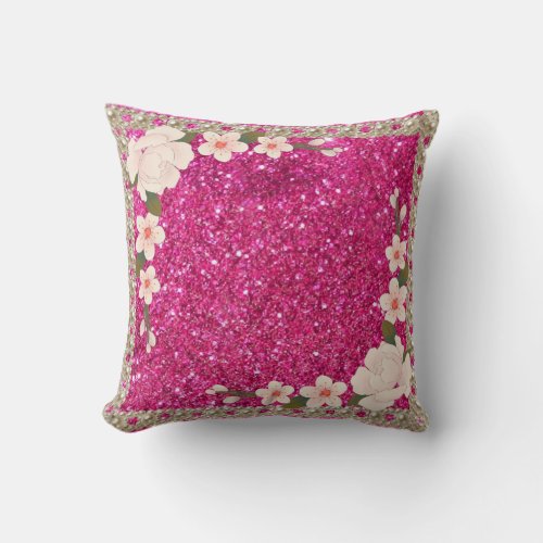 Elegant pearls floral Pink Glitter Wedding  Throw Pillow
