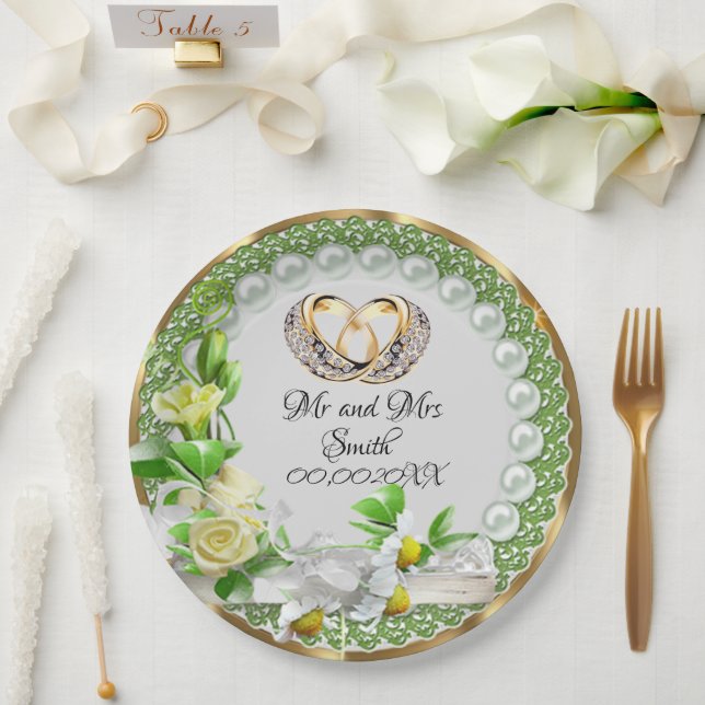 Elegant Pearls Flowers Customisable Wedding  Paper Plates (Wedding)