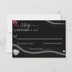 Elegant Pearls & Jewels on Black Satin Wedding RSVP Card