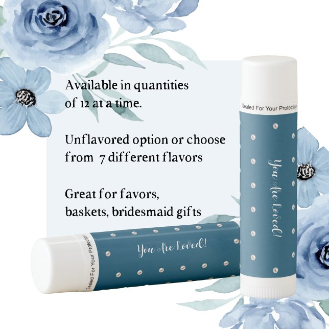 Elegant Pearls Ocean Blue Label Lip Balm (Blue lip balm decorated with faux pearls and custom text is perfect for favors or small group gifts.)
