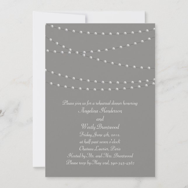 Elegant Pearls on Gray Rehearsal Dinner Invitation (Front)
