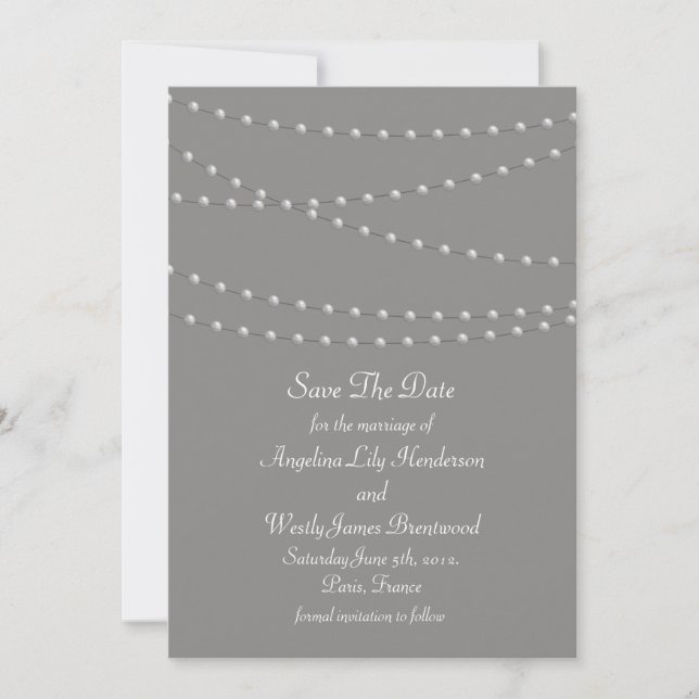 Elegant Pearls on Gray Save the Date (Front)