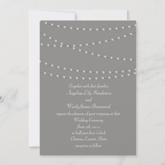 Elegant Pearls on Gray Wedding Invitation (Front)