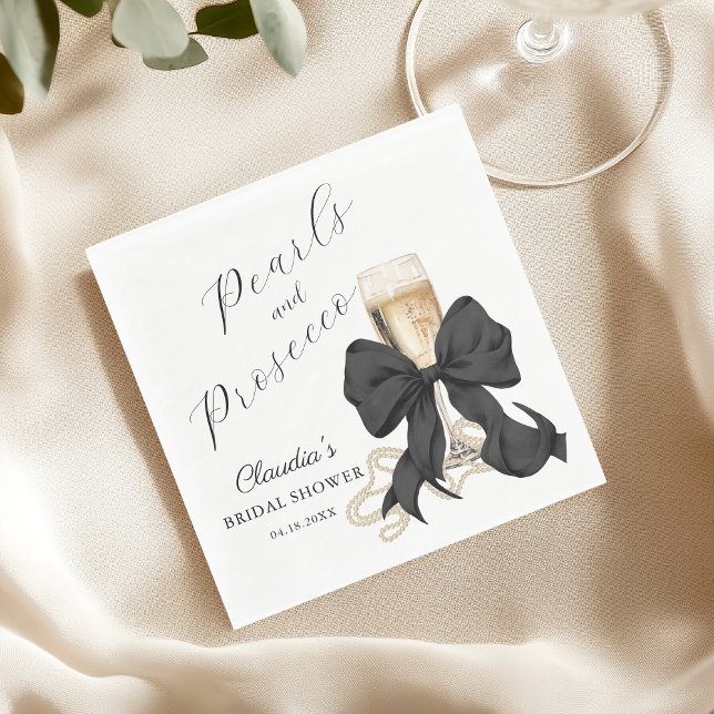 Elegant Pearls & Prosecco Black Bow Bridal Shower  Napkins (Pearls & Prosecco Bridal Shower Black Bow Napkin)