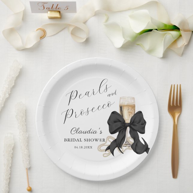 Elegant Pearls & Prosecco Black Bow Bridal Shower  Paper Plates (Wedding)