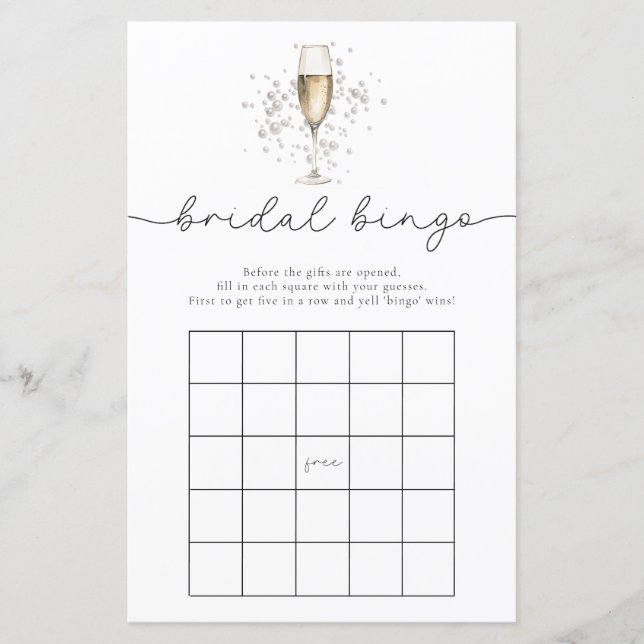 Elegant Pearls & Prosecco Bridal Bingo Game Card (Front)