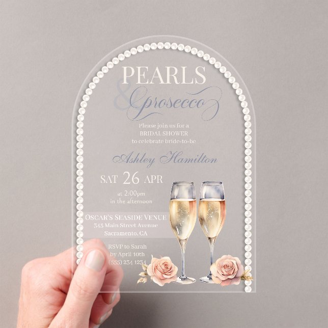 Elegant Pearls & prosecco Bridal shower  Acrylic Invitations (Insitu (Handheld))