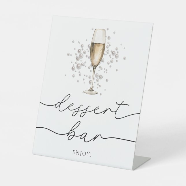 Elegant Pearls & Prosecco Bridal Shower Desser Bar Pedestal Sign (Front)