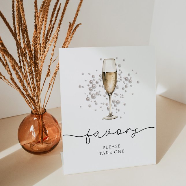 Elegant Pearls & Prosecco Bridal Shower Favors Pedestal Sign (Creator Uploaded)