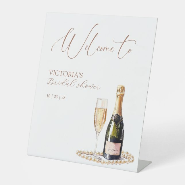 Elegant Pearls & Prosecco Bridal Shower Welcome Pedestal Sign (Front)