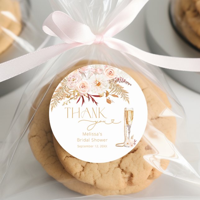 Elegant Pearls & Prosecco Floral Bridal Favor Classic Round Sticker (Creator Uploaded)