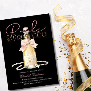 Elegant Pearls & Prosecco Pink Bow 50th Birthday Invitation