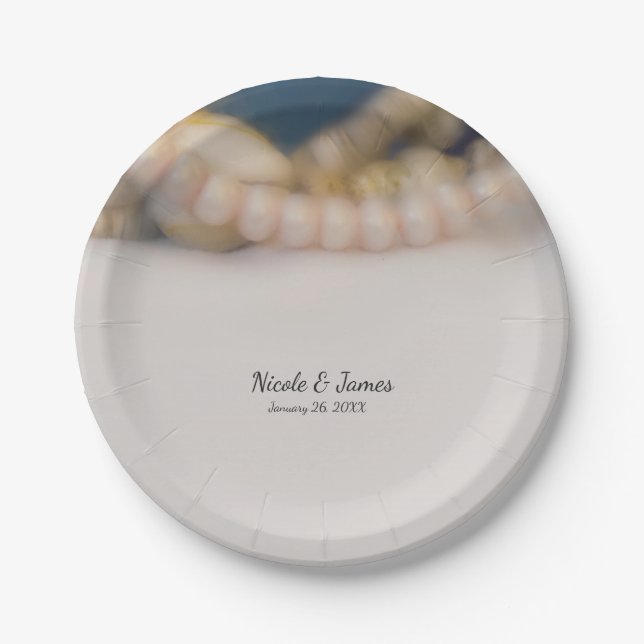 Elegant Pearls & Sea Shells Beach Wedding Paper Plates (Front)