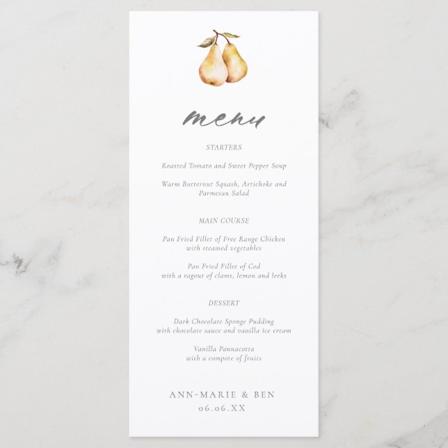 Elegant Pears Calligraphy Wedding Menu (Front)