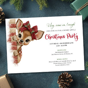 Elegant Peeking Reindeer Funny Cartoon Holiday Invitation