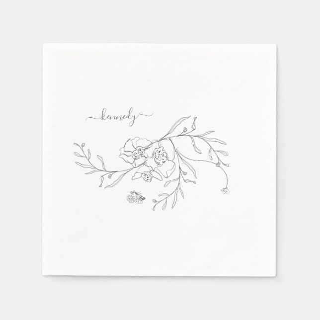 Elegant Pencil Foliage Floral Custom Cocktail Napkins (Front)