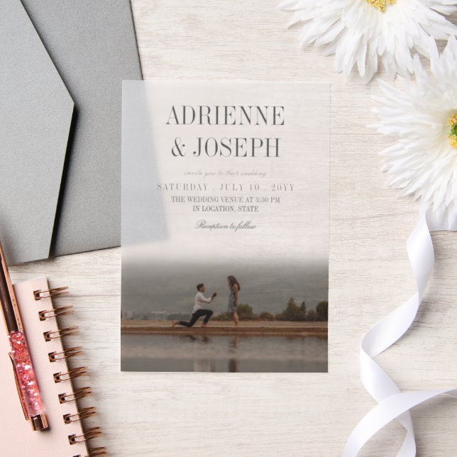 Elegant Pencil Gray Text Photo Wedding Vellum Invitations (Wedding)
