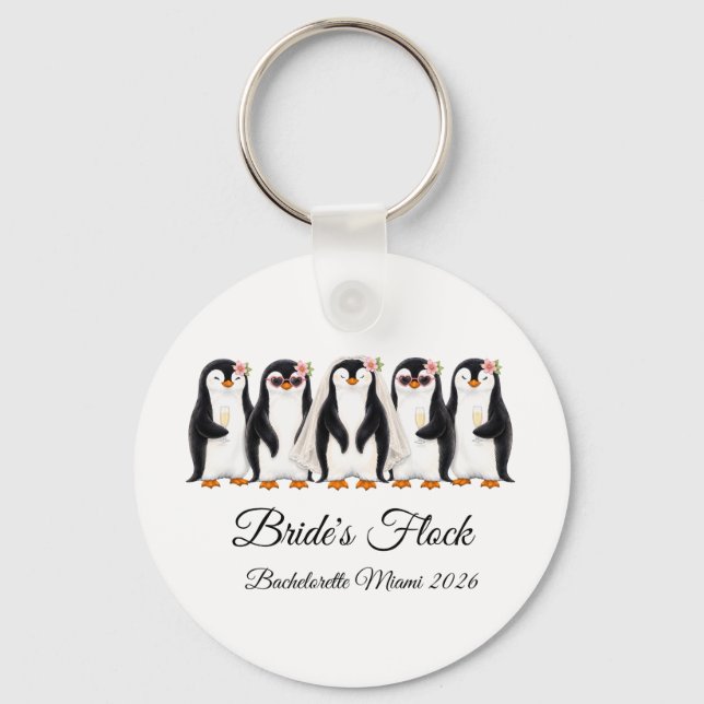 Elegant Penguin Bride's Flock Bachelorette Keychain (Front)