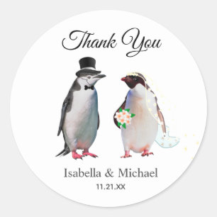 Elegant Penguin Couple Thank You Wedding Classic Round Sticker