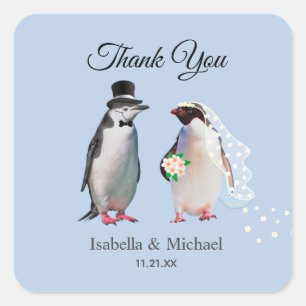 Elegant Penguin Couple Thank You Wedding Classic Square Sticker