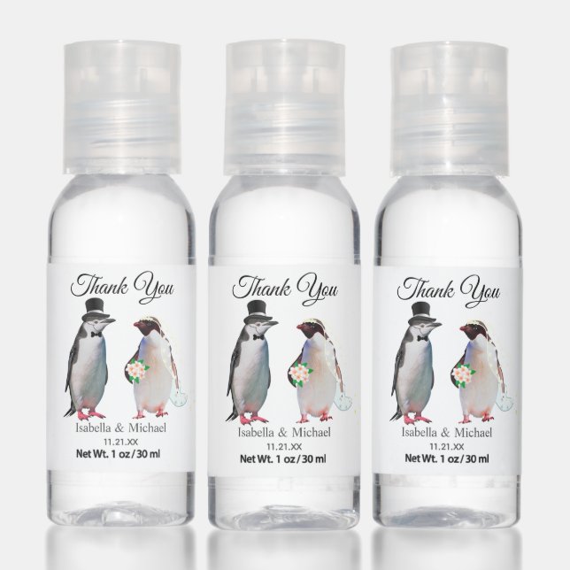 Elegant Penguin Couple Thank You Wedding Favor Hand Sanitizer (Set)